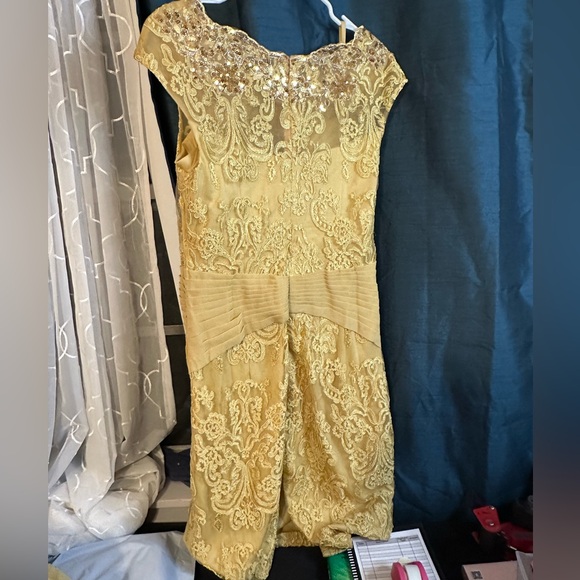 Gold Lace Embroidered Dress with Sequins and Waist Rhinestone Detail - Picture 3 of 6